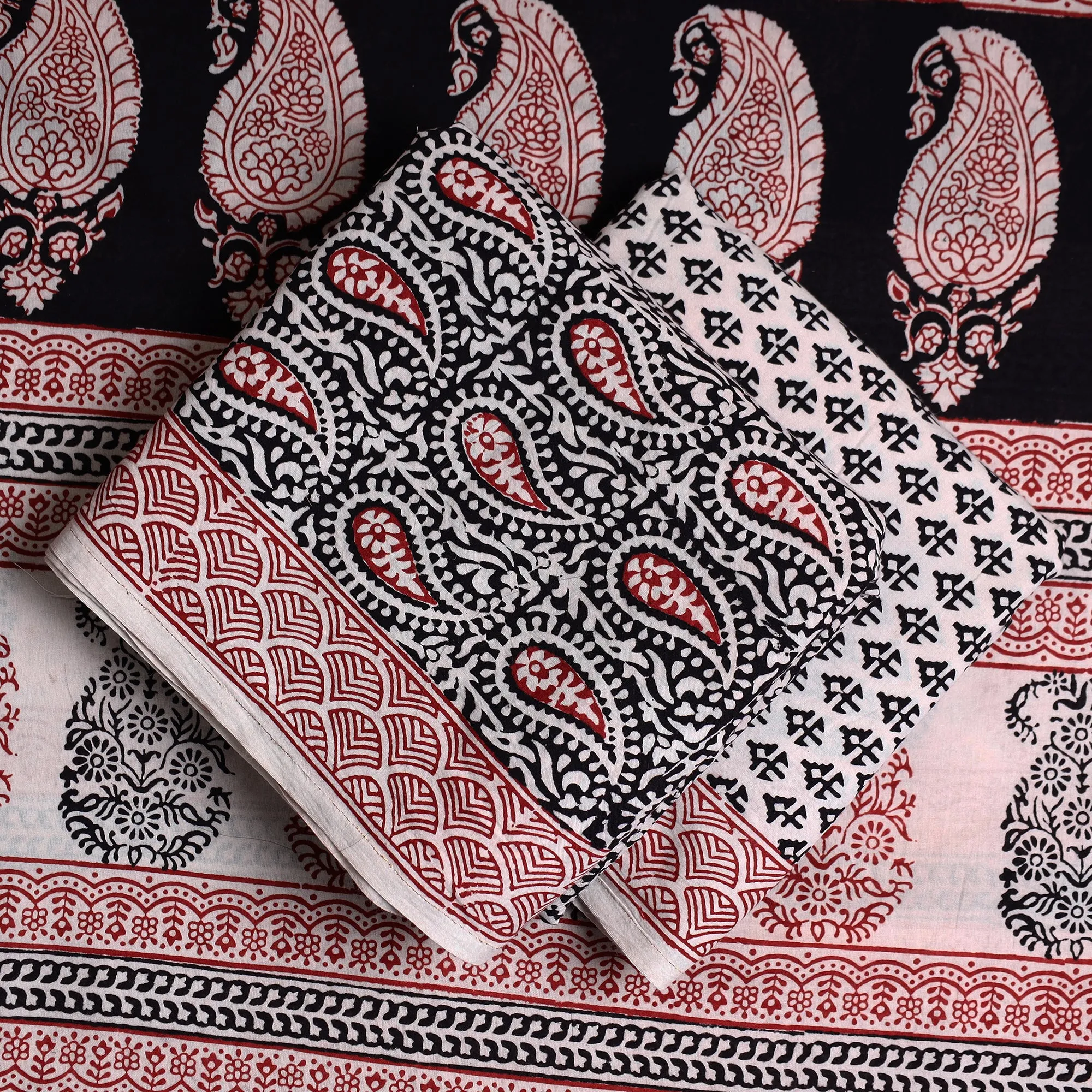 Black - 3pc Bagh Print Cotton Dress Material Set 32