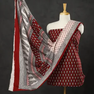 Red - 3pc Bagh Print Cotton Dress Material Set 09