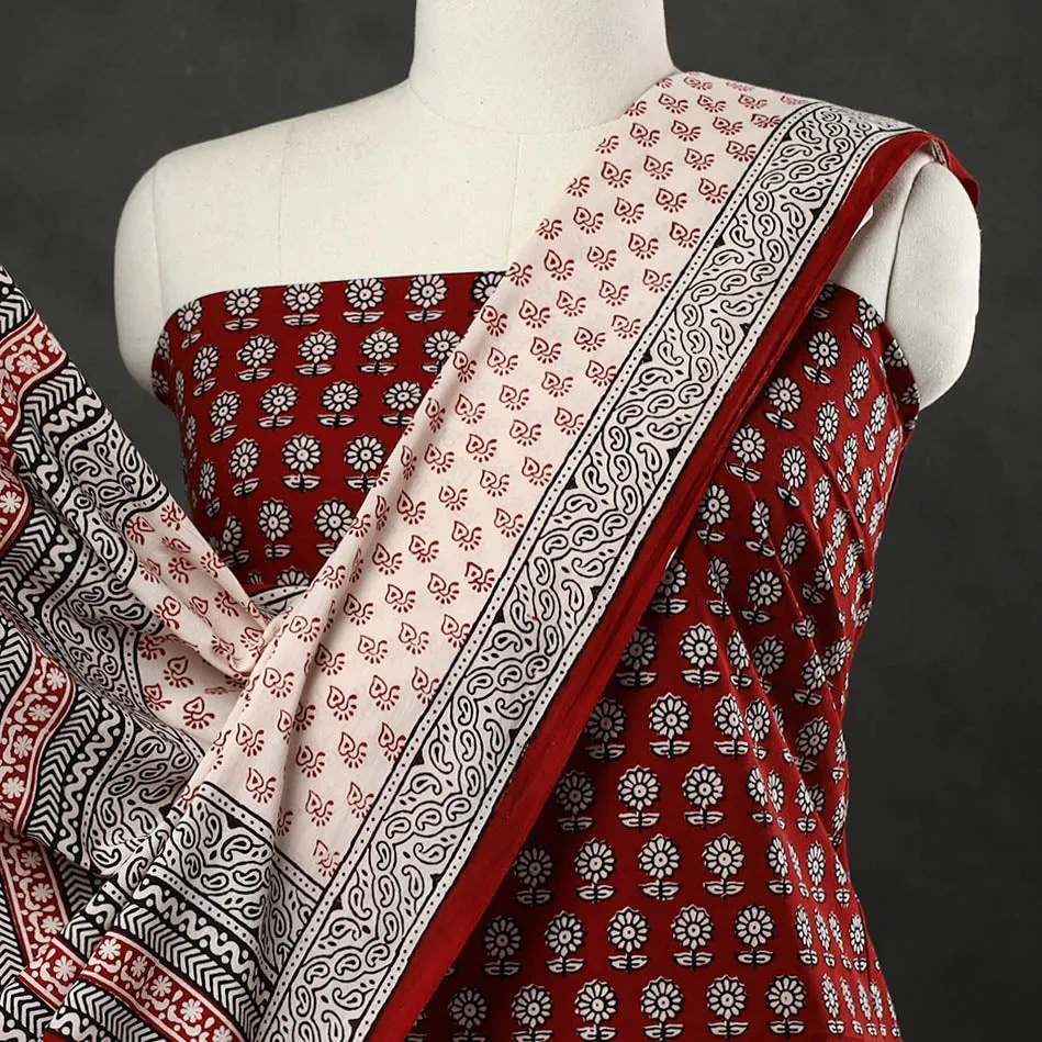 Red - 3pc Bagh Print Cotton Dress Material Set 09