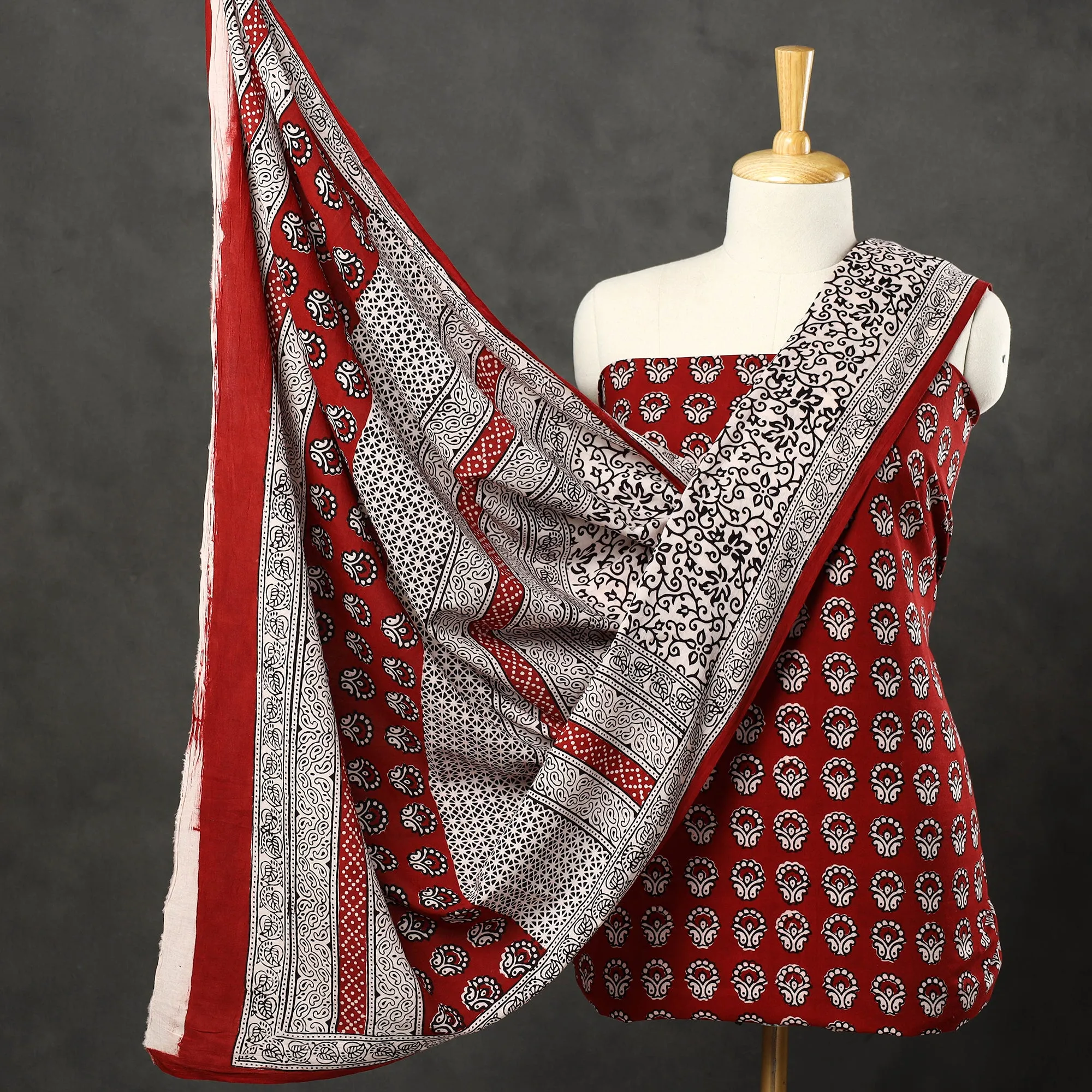 Red - 3pc Bagh Print Cotton Dress Material Set 55