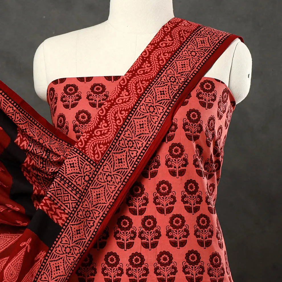 Red - 3pc Bagh Print Cotton Dress Material Set 79