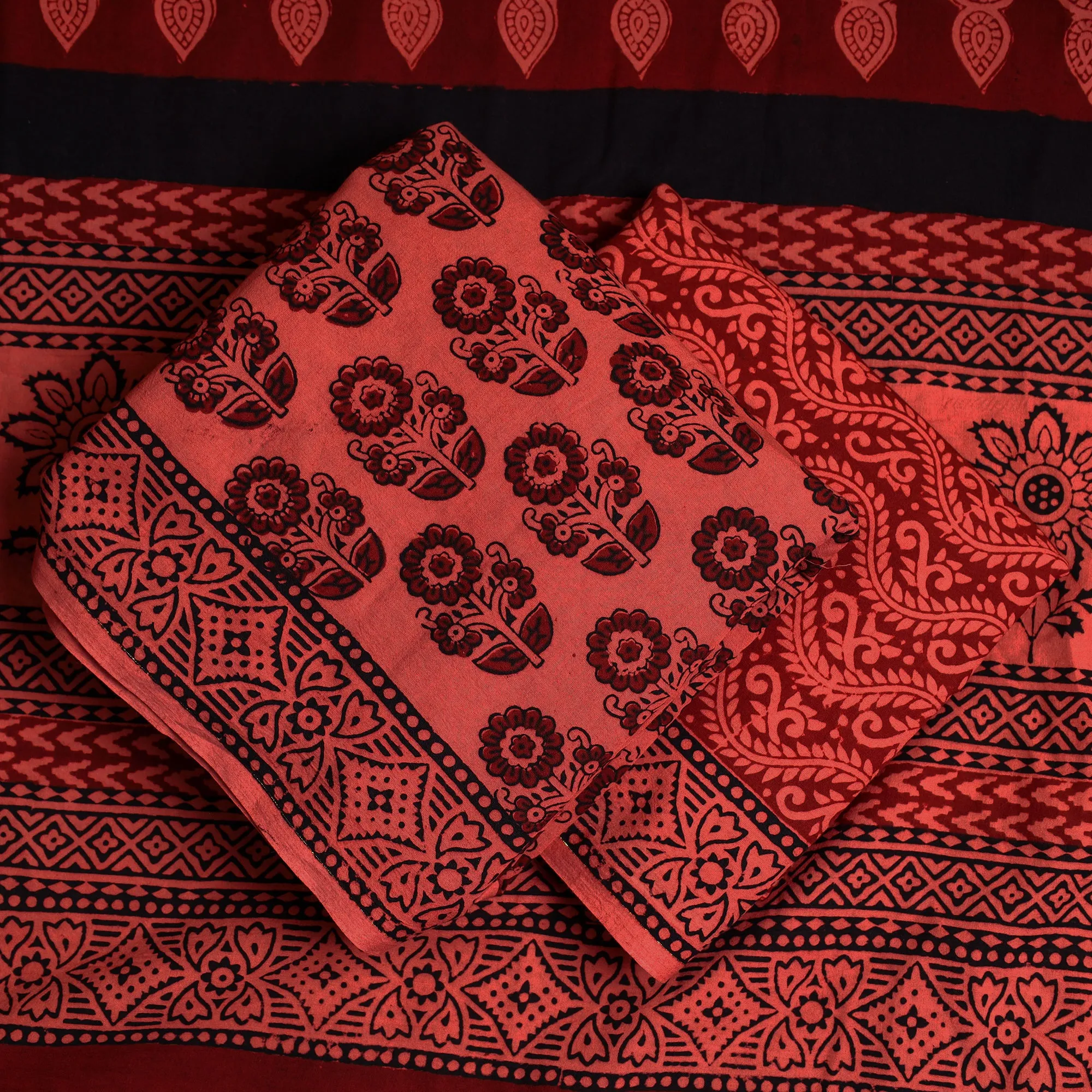 Red - 3pc Bagh Print Cotton Dress Material Set 79