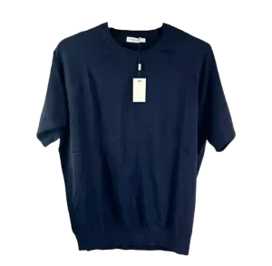 SuitSupply Blue Navy Cotton & Mulberry Silk Short Sleeve Crewneck UK L